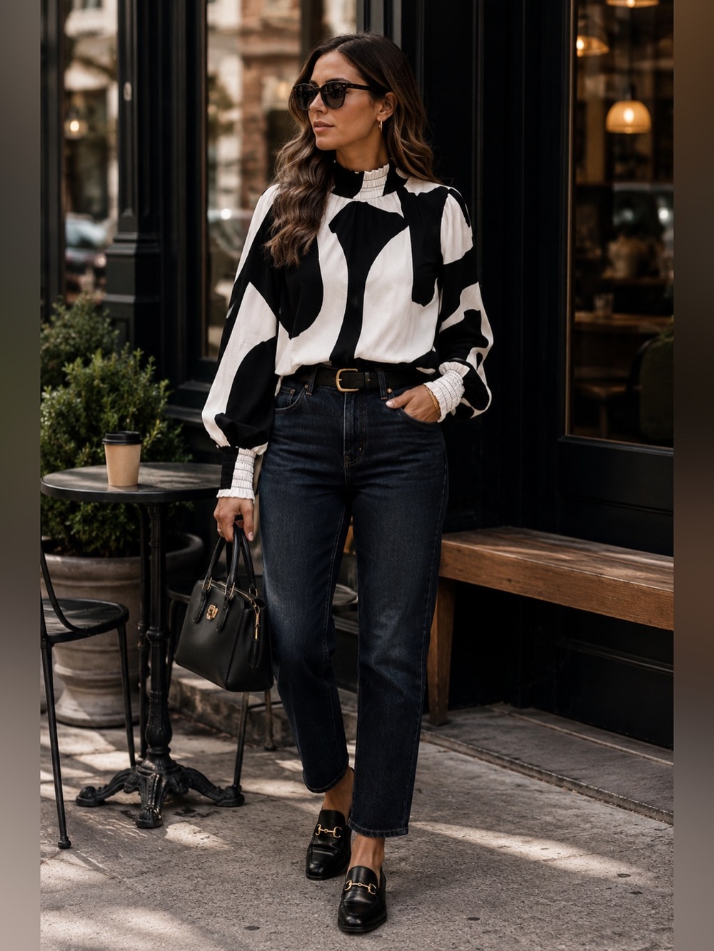 Sanctuary Abstract Print Blouse S Black White Mock Neck Balloon Sleeve